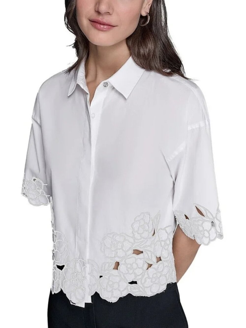 KARL LAGERFELD PARIS Floral Embroidered Camp Shirt White Sz MD